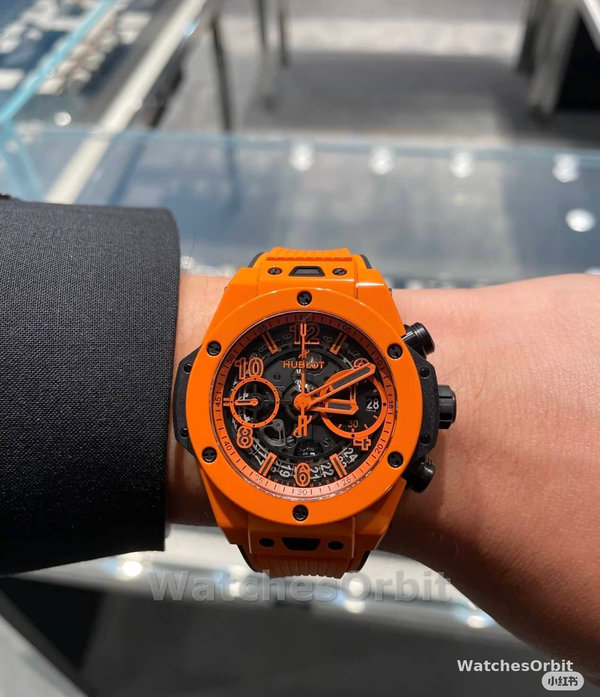 Mens Hublot Big Bang Unico Orange Ceramic 42MM 441.CU.5910.RX Skeleton Replica Image