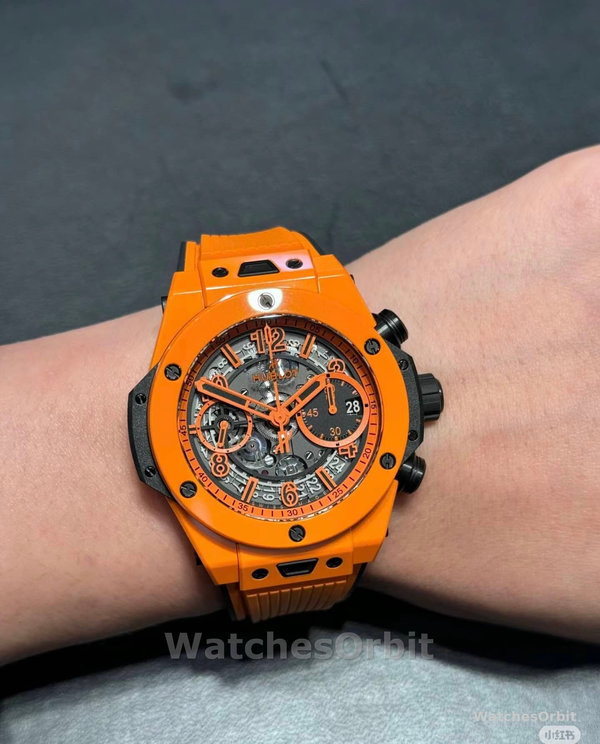 Mens Hublot Big Bang Unico Orange Ceramic 42MM 441.CU.5910.RX Skeleton Replica Image
