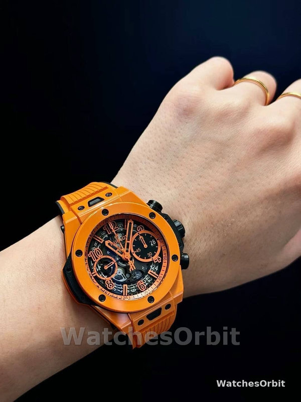 Mens Hublot Big Bang Unico Orange Ceramic 42MM 441.CU.5910.RX Skeleton Replica Image