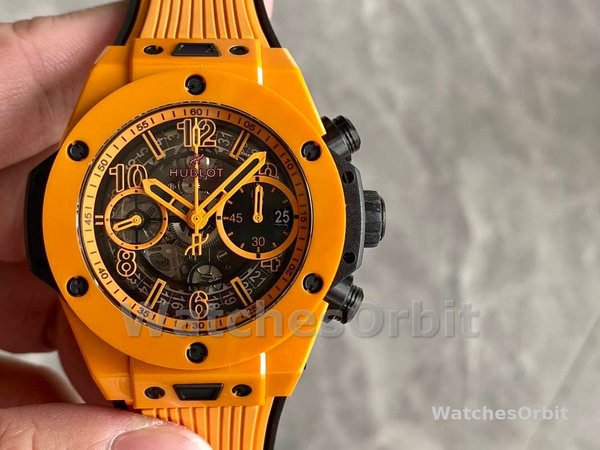 Mens Hublot Big Bang Unico Orange Ceramic 42MM 441.CU.5910.RX Skeleton Replica Image