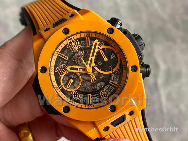 Mens Hublot Big Bang Unico Orange Ceramic 42MM 441.CU.5910.RX Skeleton Replica Image