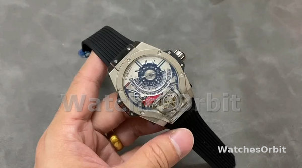 Replica Hublot MP-09 Tourbillon-Bi-Axis da uomo, titanio, 909.NX.1120.RX, 45 mm, argento