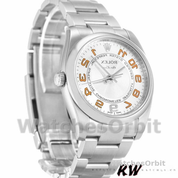 Replica Rolex Oyster Perpetual Air-King unisex 114200-34mm, quadrante bianco con indici d'uva, argento concentrico unisex
