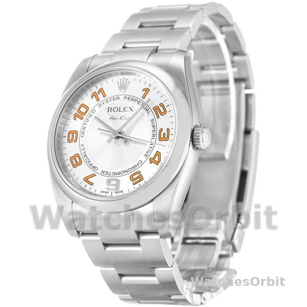 Replica Rolex Oyster Perpetual Air-King unisex 114200-34mm, quadrante bianco con indici d'uva, argento concentrico unisex