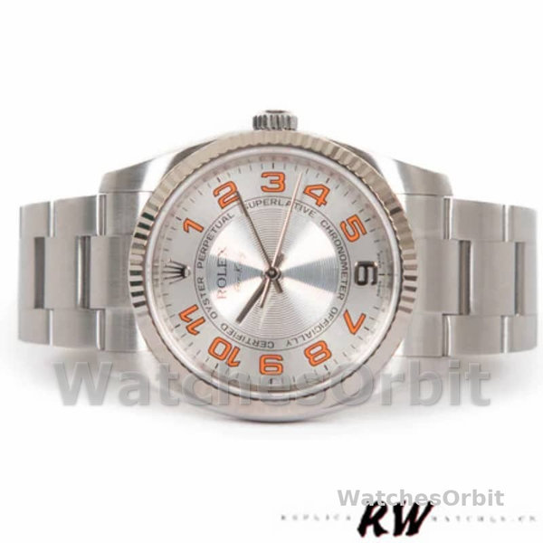 Replica Rolex Oyster Perpetual Air-King unisex 114200-34mm, quadrante bianco con indici d'uva, argento concentrico unisex