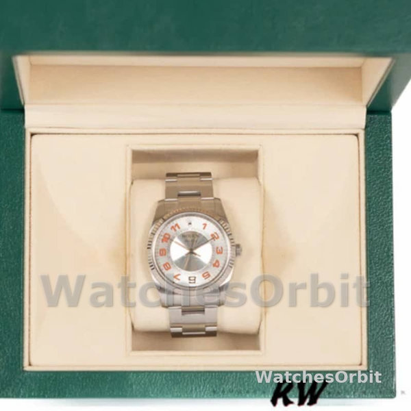 Replica Rolex Oyster Perpetual Air-King unisex 114200-34mm, quadrante bianco con indici d'uva, argento concentrico unisex
