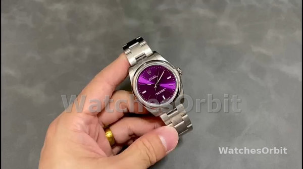 Replica Rolex Oyster Perpetual Air-King 114200-34mm unisex, quadrante rosso uva, rosso uva unisex