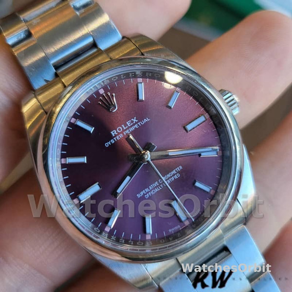 Replica Rolex Oyster Perpetual Air-King 114200-34mm unisex, quadrante rosso uva, rosso uva unisex