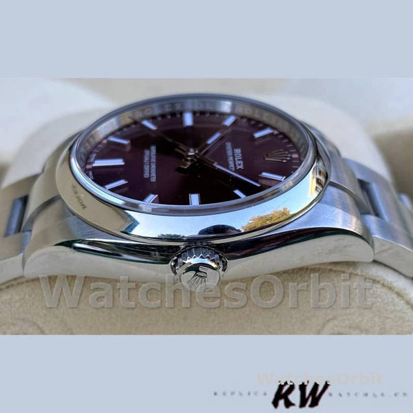 Replica Rolex Oyster Perpetual Air-King 114200-34mm unisex, quadrante rosso uva, rosso uva unisex