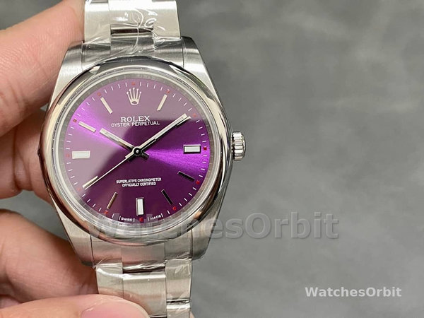 Replica Rolex Oyster Perpetual Air-King 114200-34mm unisex, quadrante rosso uva, rosso uva unisex