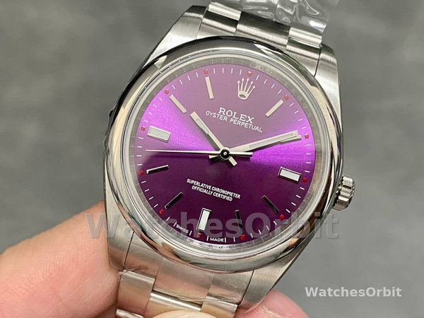 Replica Rolex Oyster Perpetual Air-King 114200-34mm unisex, quadrante rosso uva, rosso uva unisex