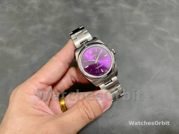 Replica Rolex Oyster Perpetual Air-King 114200-34mm unisex, quadrante rosso uva, rosso uva unisex