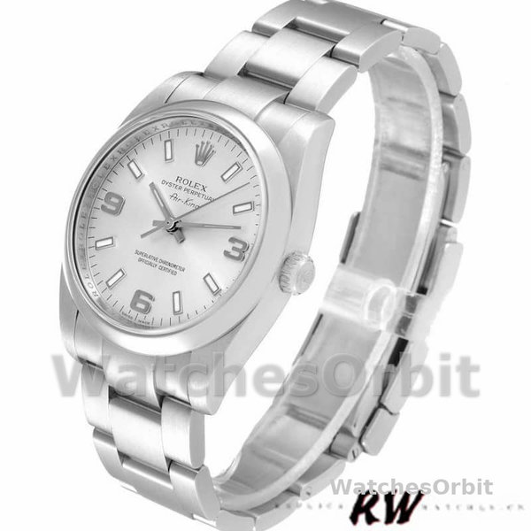 Replica Rolex Oyster Perpetual Air-King-114200 unisex, 34 mm, quadrante arabo argento, argento unisex