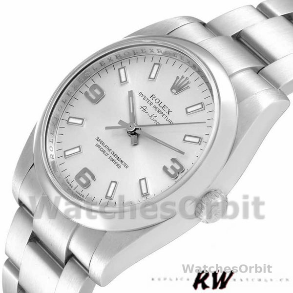 Replica Rolex Oyster Perpetual Air-King-114200 unisex, 34 mm, quadrante arabo argento, argento unisex