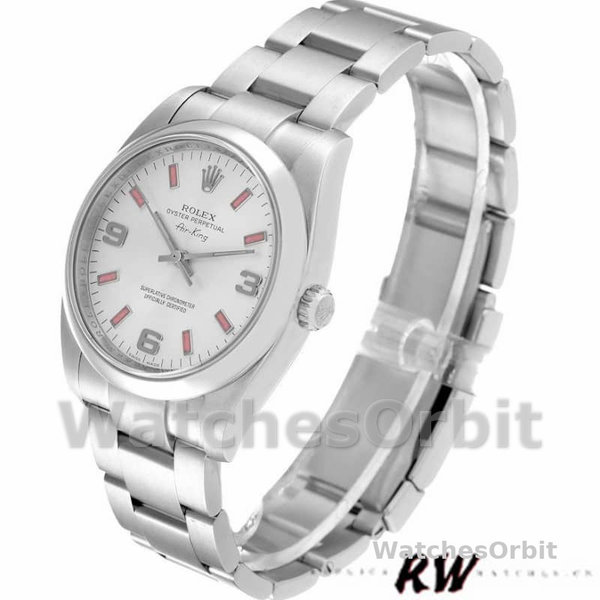 Replica Rolex Oyster Perpetual Air-King-114200 unisex, 34 mm, quadrante argento, pipistrello rosa, argento unisex