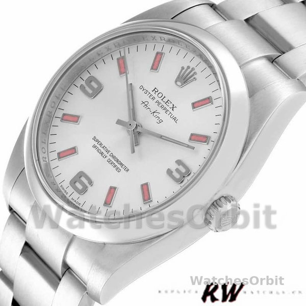 Replica Rolex Oyster Perpetual Air-King-114200 unisex, 34 mm, quadrante argento, pipistrello rosa, argento unisex