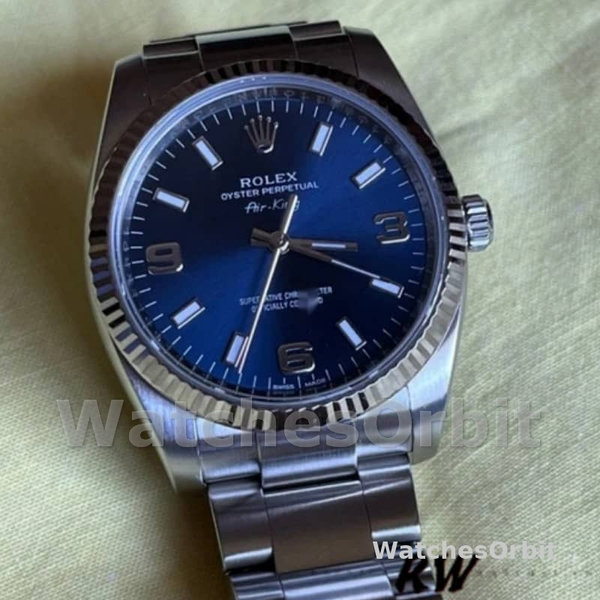 Replica Rolex Oyster Perpetual Air-King 34mm Unisex-114234-Blauwe wijzerplaat-Gefluteerd witgouden ring Blauw