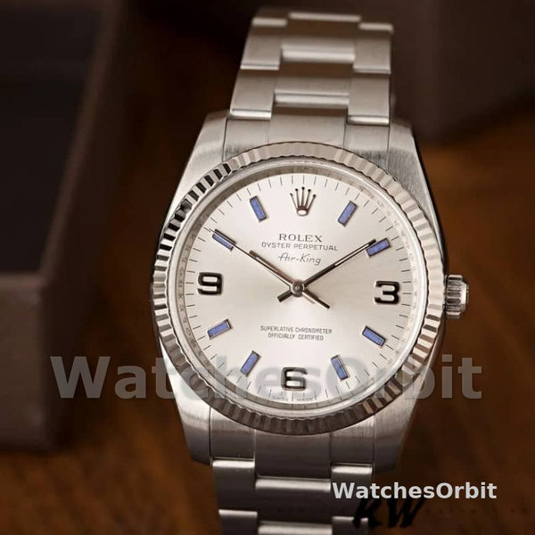 Replica Rolex Oyster Perpetual Air-King 34mm Unisex-114234-Blauwe uurmarkeringen-Zilveren wijzerplaat Zilver