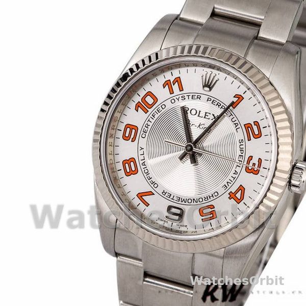 Replica Rolex Oyster Perpetual Air-King-114234 unisex, 34 mm, quadrante arancione argento arabo, argento unisex