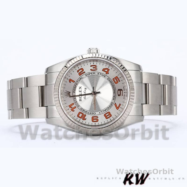 Replica Rolex Oyster Perpetual Air-King-114234 unisex, 34 mm, quadrante arancione argento arabo, argento unisex