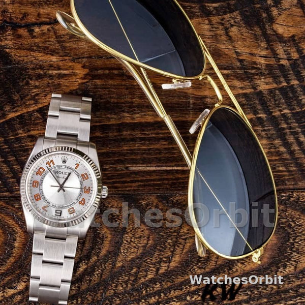 Replica Rolex Oyster Perpetual Air-King-114234 unisex, 34 mm, quadrante arancione argento arabo, argento unisex