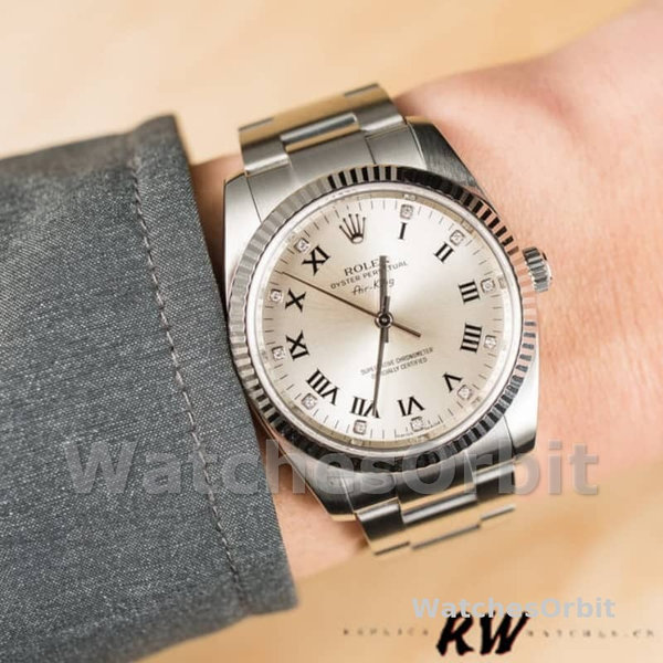 Replica Rolex Oyster Perpetual Air-King-114234 da uomo, 41 mm, quadrante argentato con diamanti romani, argento