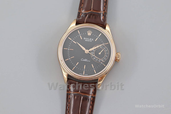 Replica Rolex Cellini Date 39mm Heren-50515-Bruin Leer-Zwarte Index Wijzerplaat Zwart