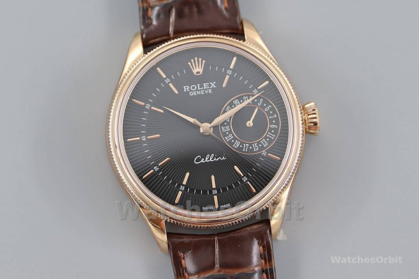 Replica Rolex Cellini Date 39mm Heren-50515-Bruin Leer-Zwarte Index Wijzerplaat Zwart