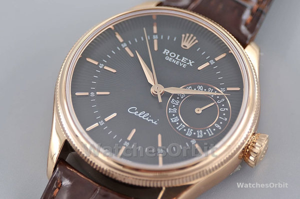 Replica Rolex Cellini Date 39mm Heren-50515-Bruin Leer-Zwarte Index Wijzerplaat Zwart