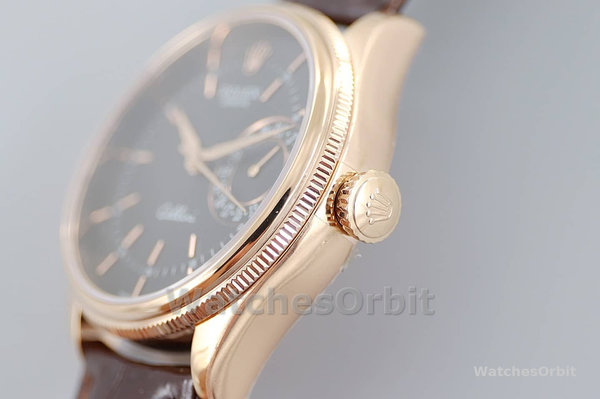Replica Rolex Cellini Date 39mm Heren-50515-Bruin Leer-Zwarte Index Wijzerplaat Zwart