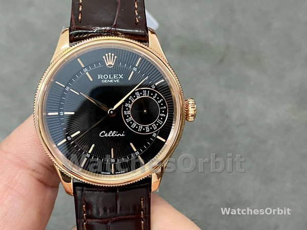 Replica Rolex Cellini Date 39mm Heren-50515-Bruin Leer-Zwarte Index Wijzerplaat Zwart