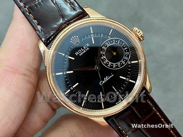 Replica Rolex Cellini Date 39mm Heren-50515-Bruin Leer-Zwarte Index Wijzerplaat Zwart