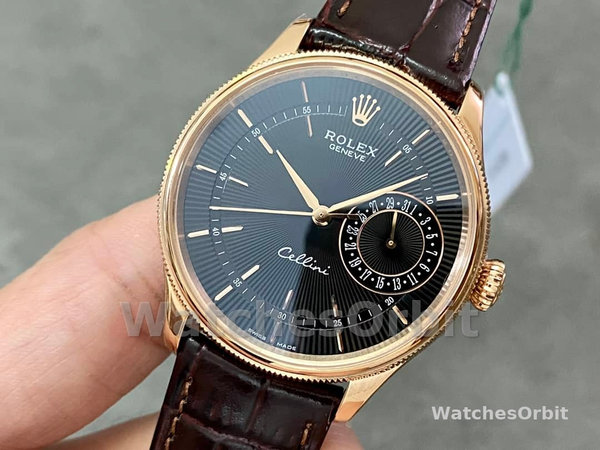 Replica Rolex Cellini Date 39mm Heren-50515-Bruin Leer-Zwarte Index Wijzerplaat Zwart