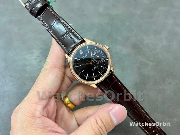 Replica Rolex Cellini Date 39mm Heren-50515-Bruin Leer-Zwarte Index Wijzerplaat Zwart