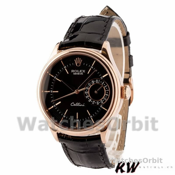 Replica Rolex Cellini Date 39mm Heren-50515-Rose Gold-Black Index Dial Zwart<br />