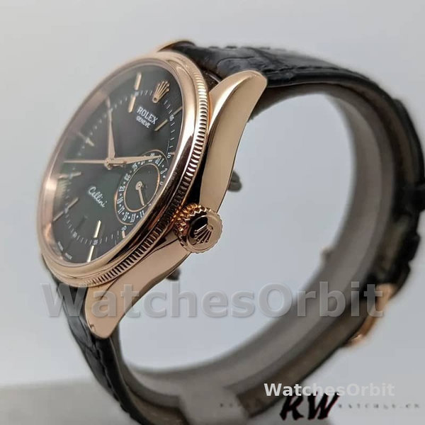 Replica Rolex Cellini Date 39mm Heren-50515-Rose Gold-Black Index Dial Zwart<br />