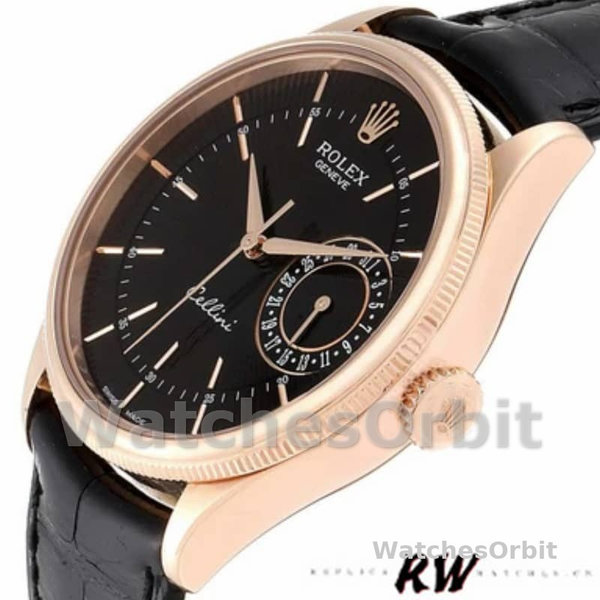 Replica Rolex Cellini Date 39mm Heren-50515-Rose Gold-Black Index Dial Zwart<br />