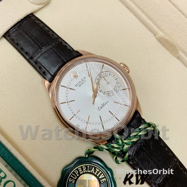 Replica Rolex Cellini Date 39mm Heren-50515-Rose Gold-Silver Guilloche Index Dial Zilver