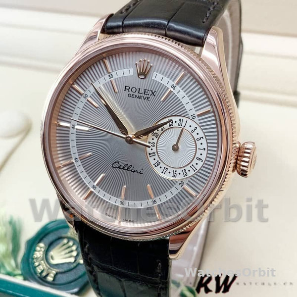 Replica Rolex Cellini Date 39mm Heren-50515-Rose Gold-Silver Guilloche Index Dial Zilver