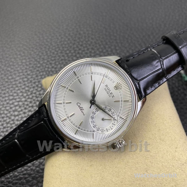 Rolex Cellini Date 50519 Black Leather Silver Dial 39mm Mens Replica Watch