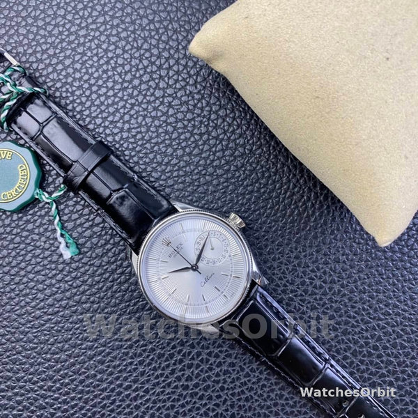 Rolex Cellini Date 50519 Black Leather Silver Dial 39mm Mens Replica Watch
