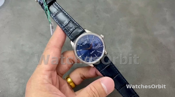 Replica Heren Rolex Cellini Date-50519, 39mm, Blauwe Wijzerplaat, Blauw Leren Band, Herenblauw