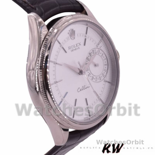 Replica Rolex Cellini Date 39mm Heren-50519-Bruin Leer-Zilveren Wijzerplaat Zilver