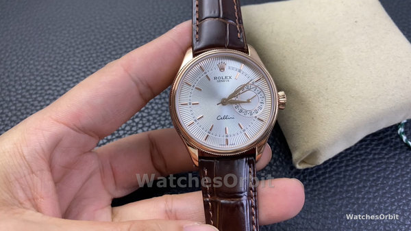 Men's Rolex Cellini Date 39mm Men's-50515-Rose Gold-Silver-Crocodile Leather Strap White