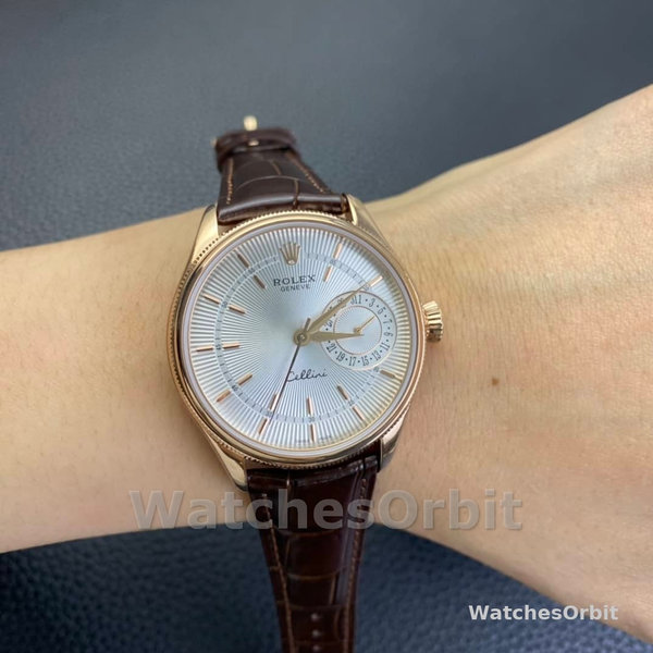 Replica Rolex Cellini Date 39mm Heren-50515-Rose Goud-Zilver-Krokodillenleren Band Wit