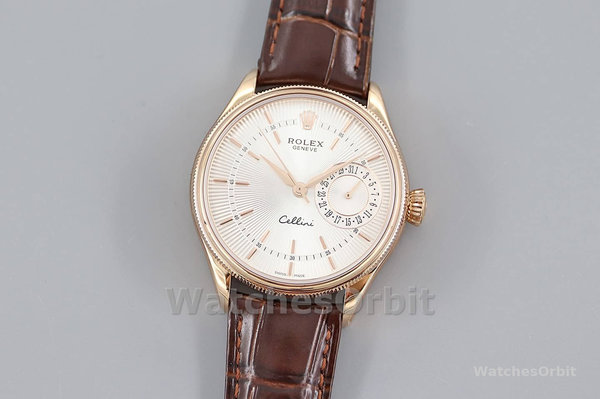 Replica Rolex Cellini Date 39mm Heren-50515-Rose Goud-Zilver-Krokodillenleren Band Wit