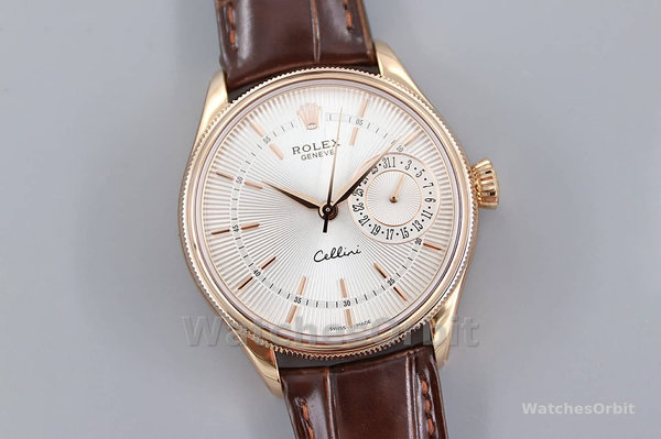 Replica Rolex Cellini Date 39mm Heren-50515-Rose Goud-Zilver-Krokodillenleren Band Wit
