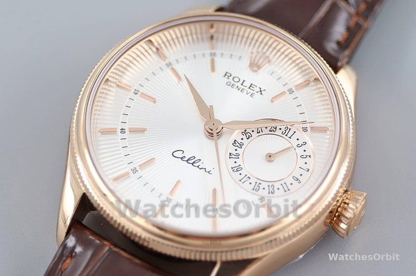 Replica Rolex Cellini Date 39mm Heren-50515-Rose Goud-Zilver-Krokodillenleren Band Wit