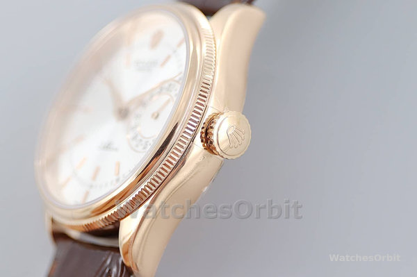 Replica Rolex Cellini Date 39mm Heren-50515-Rose Goud-Zilver-Krokodillenleren Band Wit