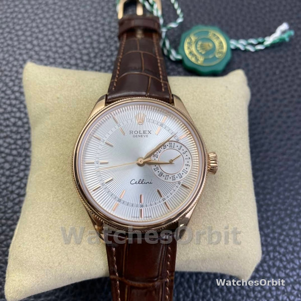 Replica Rolex Cellini Date 39mm Heren-50515-Rose Goud-Zilver-Krokodillenleren Band Wit